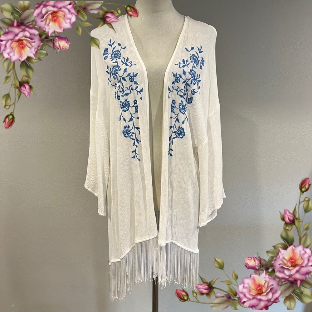 Clover + Scout White‎ Kimono with Blue Floral Embroidery